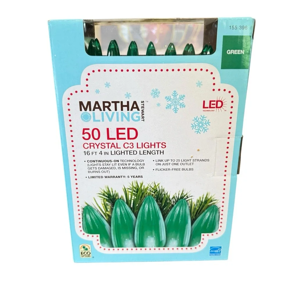 Martha Stewart Living 50 LED Crystal C3 Lights Green 16.3 Ft Lighted Length NEW
